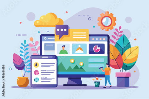A colorful workspace showcases website creation tools and customizable design elements in a digital environment, Create your own website with customizable semi-flat illustrations.