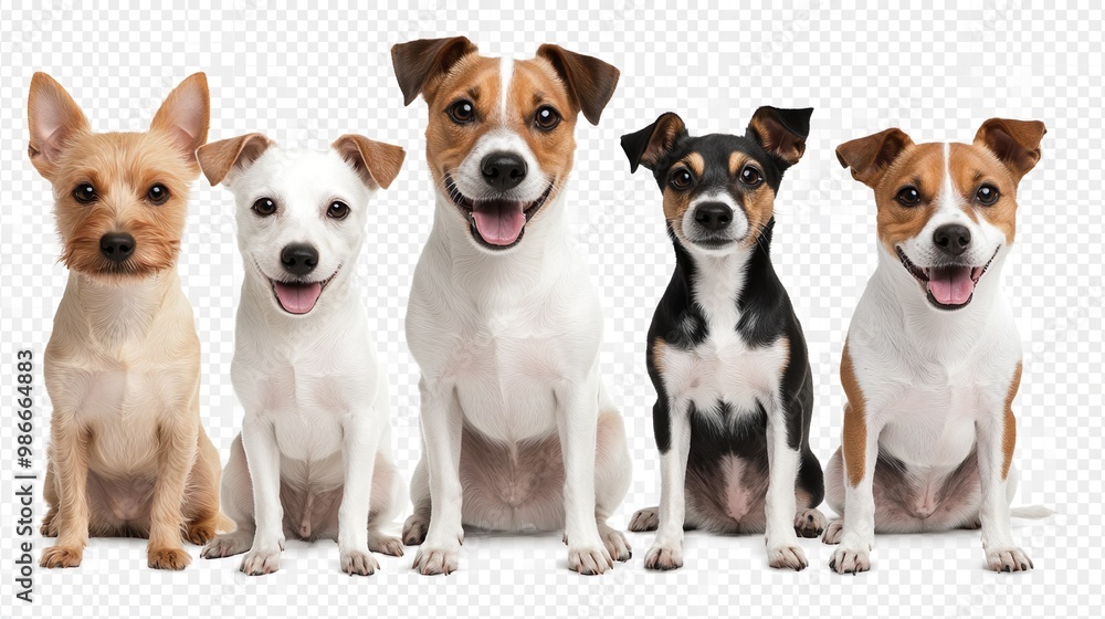 A group of five dogs are sitting in a row, all with different colors and sizes A group of five dogs are sitting in a row, all with different colors and sizes