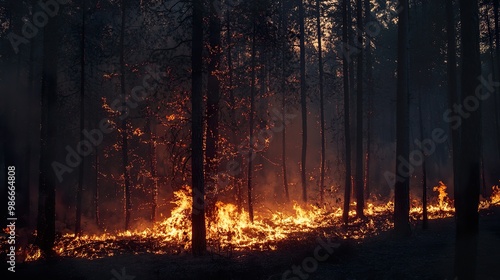 A forest fire is burning in the woods