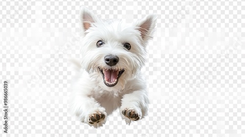 A white dog is jumping in the air and has its mouth open