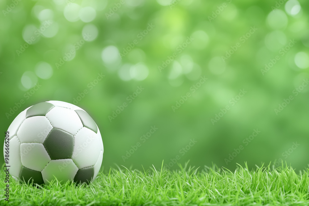 Fototapeta premium A soccer ball resting on lush green grass in a bright outdoor setting during daytime