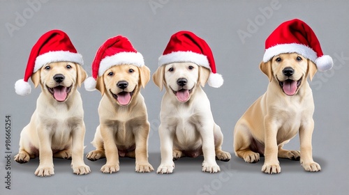 Four puppies wearing red santa hats are sitting in a row photo