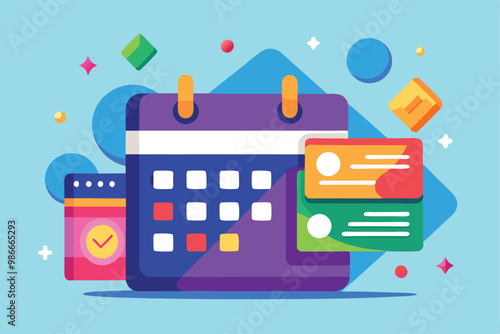 This illustration depicts a calendar and credit cards, highlighting the concept of managing installment payments, Credit card installment payment date concept, illustrated flat.