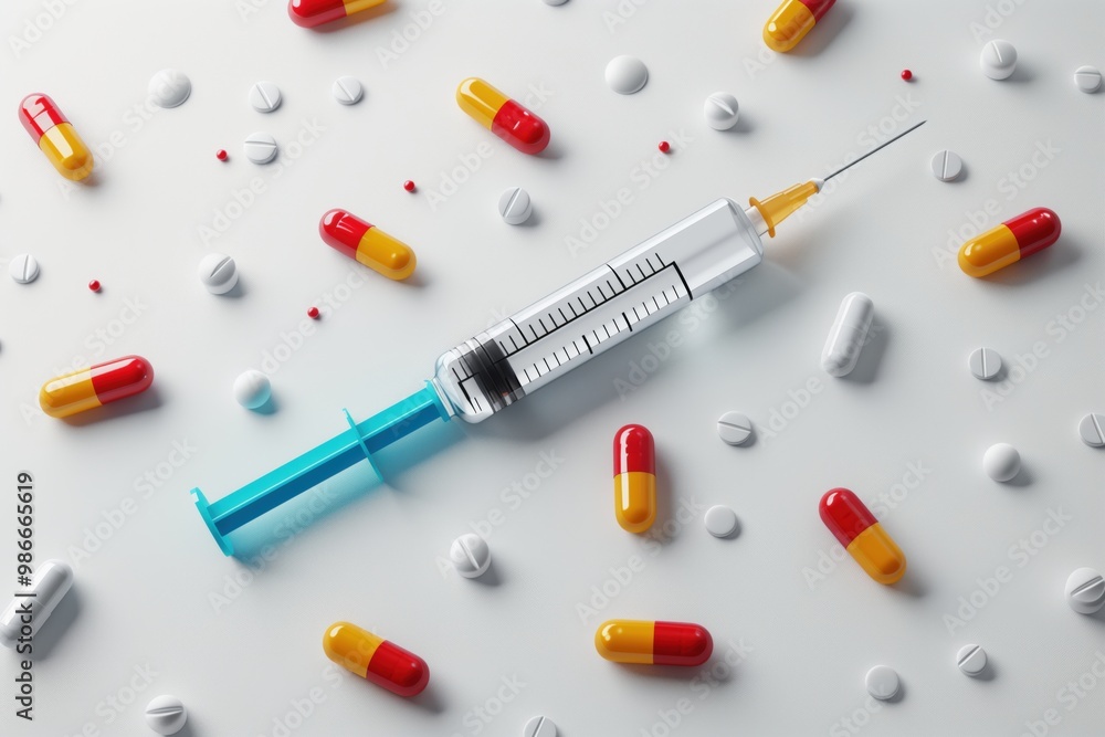 Syringe surrounded by various pills and tablets on a light background Syringe surrounded by various pills and tablets on a light background