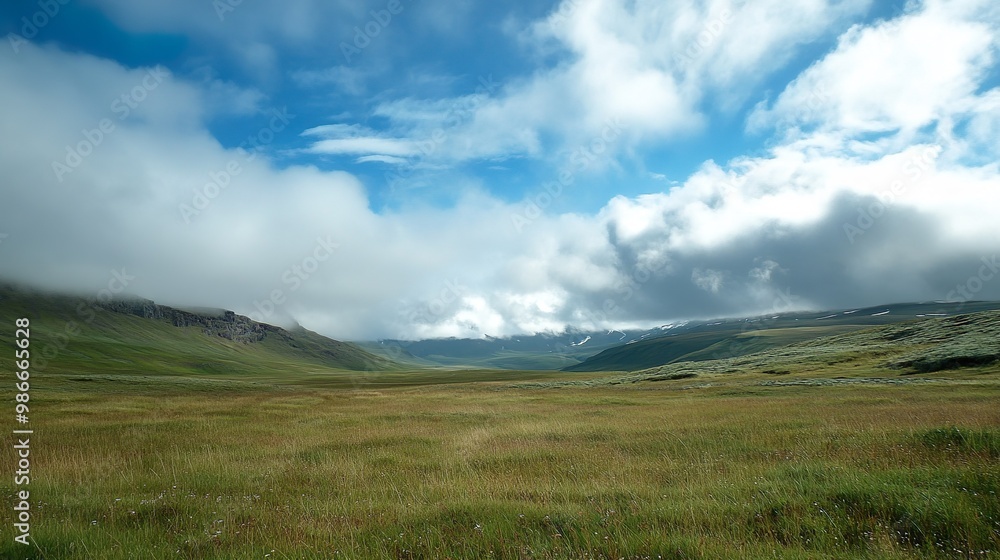 A large, open field with a cloudy sky in the background A large, open field with a cloudy sky in the background