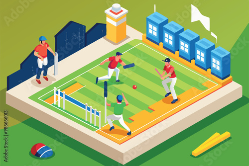 A vibrant illustration shows players engaging in a cricket match on a well-kept field with equipment visible, Cricket Isometric Illustration, Customizable