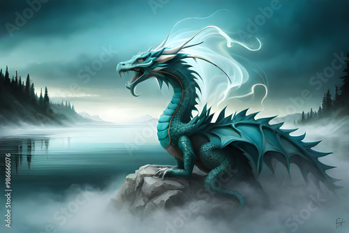 A painting of a friendly dinosaur with a mountain in the background. Fantasy friendly dragon portrait. Surreal artwork of dragon from medieval mythology.