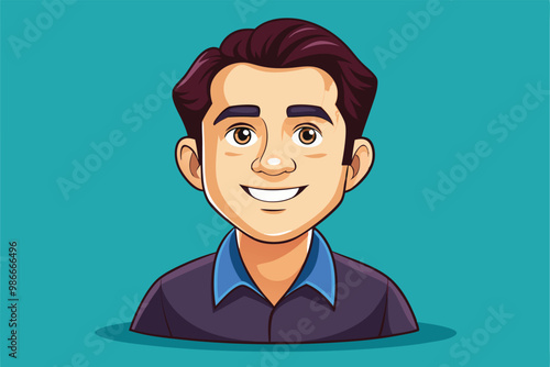 A cheerful young man with dark hair wearing a blue shirt smiles warmly against a vibrant backdrop, Custom cartoon illustration available for hire.
