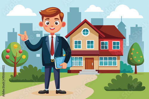 A cheerful realtor stands confidently outside a home, highlighting his services in an urban landscape, Custom cartoon illustration for realtors.