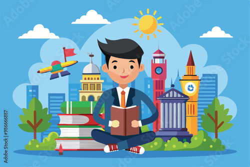 A cheerful student sits cross-legged, reading a book with iconic landmarks around, symbolizing study abroad, Custom cartoon illustration for studying abroad.