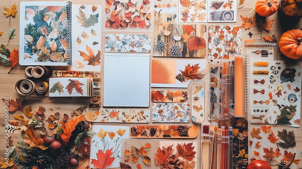 Obraz premium An assortment of autumn-themed stickers, washi tape, and other stationery items, perfect for decorating journals and planners.