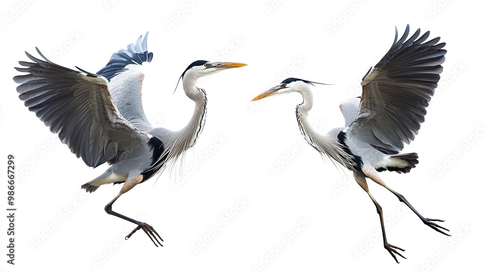 Fototapeta premium Two birds flying in the air, one is a crane and the other is a stork
