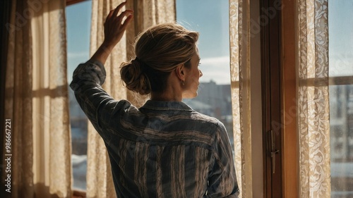 A yearold woman opens lace curtains to enjoy the morning sunlight streaming into her cozy living room at home. photo