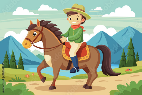 A boy in a green outfit rides a horse along a forest path with mountains in the background, Custom cartoon illustration of horseback riding.