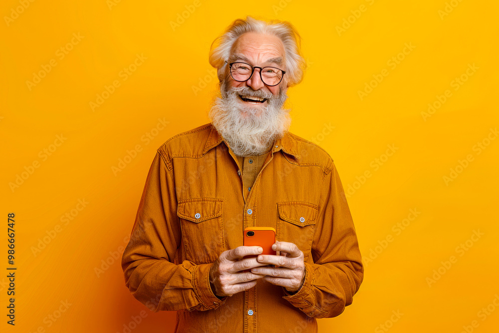 Full size body length excited confident smiling elderly gray-haired bearded man 50s years old wears brown shirt hold in hand use mobile cell phone isolated on plain yellow background studio portrait Full size body length excited confident smiling elderly gray-haired bearded man 50s years old wears brown shirt hold in hand use mobile cell phone isolated on plain yellow background studio portrait