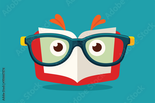 A playful cartoon character wearing glasses sits beside an open book, displaying a fun and imaginative vibe, Custom cartoon reading glasses.