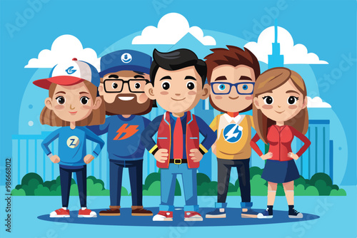 A lively group of five cartoon characters stands confidently in a colorful park setting, showcasing teamwork, Custom cartoon team illustration.