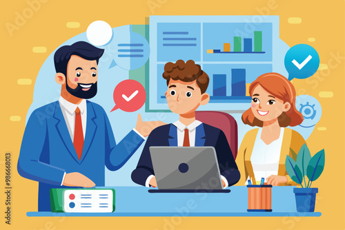A sales consultant is actively discussing strategies with team members in a vibrant office setting, Custom cartoon sales consulting.