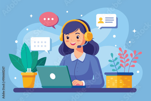 A customer service girl is happily talking on the phone with a tech support client, using her laptop, Customer girl talking on phone with client tech support, flat illustration.