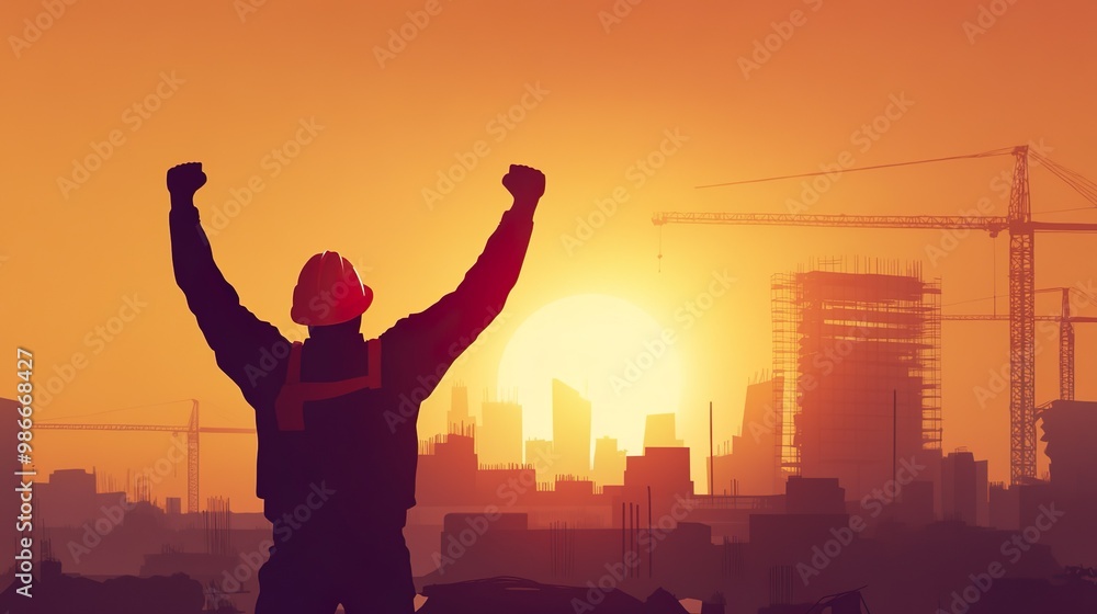 A construction worker is standing on a rooftop, looking out over a city skyline A construction worker is standing on a rooftop, looking out over a city skyline