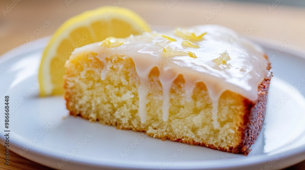 A slice of lemon cake with a lemon wedge on top A slice of lemon cake with a lemon wedge on top