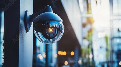 A camera is mounted on a pole in front of a building