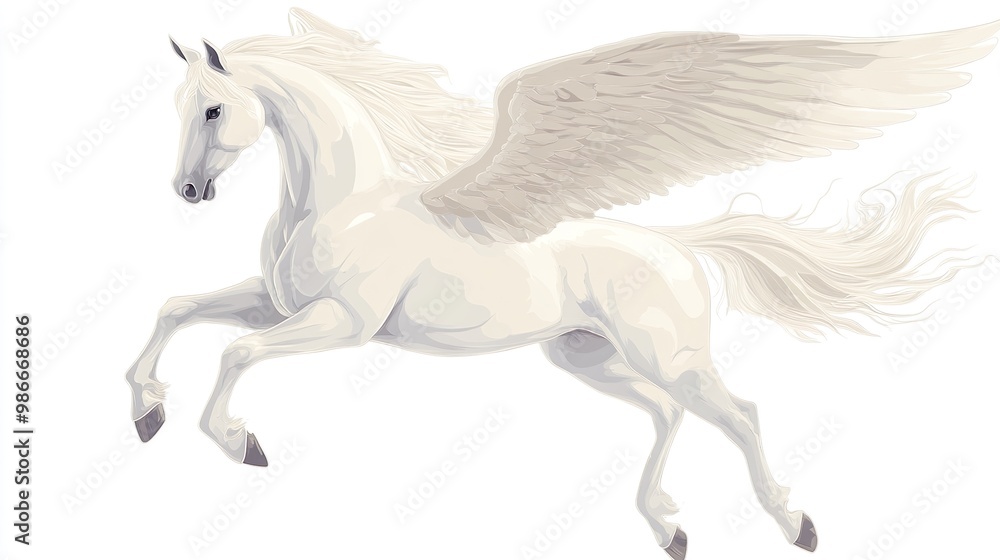 A white horse with a wing on its back is flying through the air A white horse with a wing on its back is flying through the air