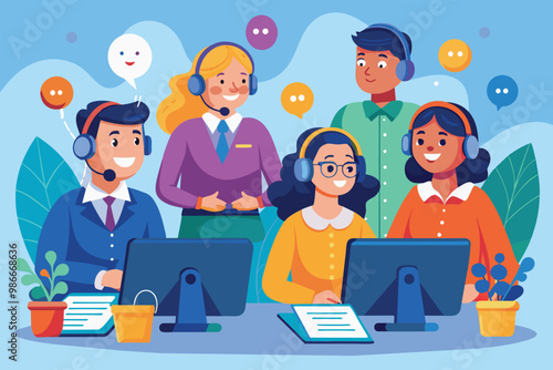 Customer service hotline operators provide assistance to callers in a bright and engaging office environment, Customer service hotline operators provide assistance to customers through a call center.
