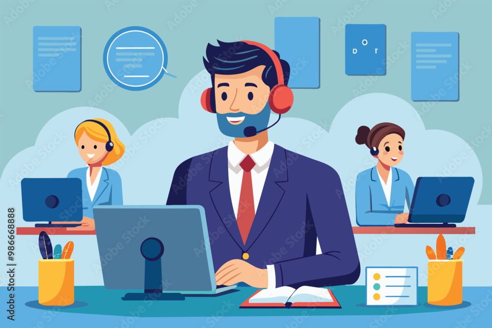 A customer service manager assists team members at a call center, ensuring smooth operations, Customer service manager at a call center hotline assisting clients. A customer service manager assists team members at a call center, ensuring smooth operations, Customer service manager at a call center hotline assisting clients.