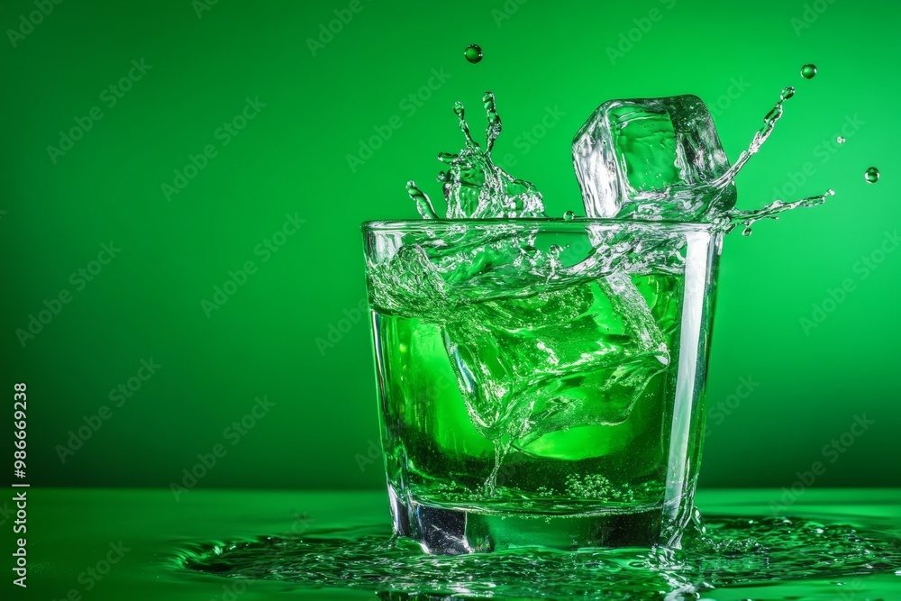 Dynamic splash of ice cube in a glass of vibrant green beverage isolated on white background Dynamic splash of ice cube in a glass of vibrant green beverage isolated on white background