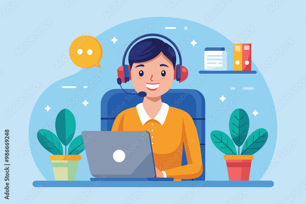 A customer support operator smiles while assisting clients at a call center desk with a laptop and plants, Customer support operator in call center with headset, flat illustration. A customer support operator smiles while assisting clients at a call center desk with a laptop and plants, Customer support operator in call center with headset, flat illustration.