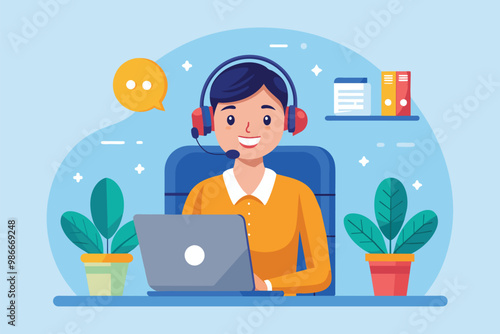 A customer support operator smiles while assisting clients at a call center desk with a laptop and plants, Customer support operator in call center with headset, flat illustration.