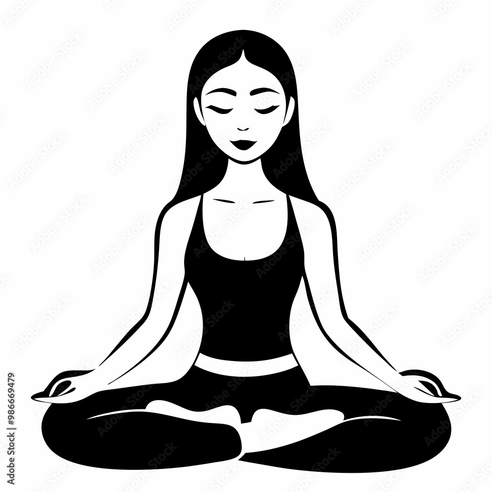 Yoga woman silhouette meditating in lotus position with serene expression
Yoga woman silhouette meditating in lotus position with serene expression