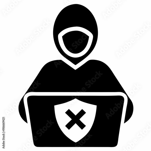 Hacker silhouette with laptop and shield showing warning symbol