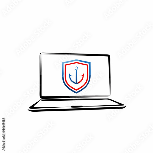 Laptop with a shield icon featuring a fishing hook representing phishing protection