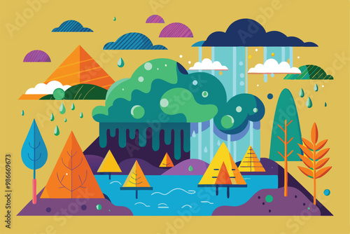 Vibrant landscape showing acid rain affecting trees and a pond, surrounded by colorful mountains and clouds, Customizable acid rain illustration