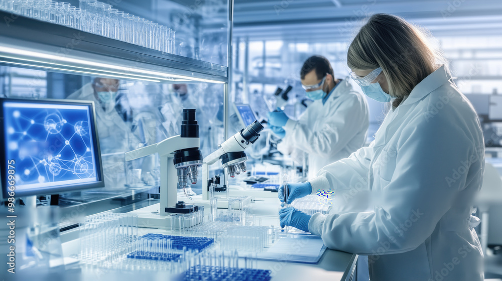 Laboratory research in biotechnology with scientists working diligently Laboratory research in biotechnology with scientists working diligently