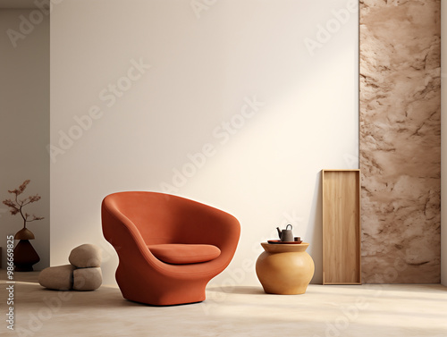 Simple minimalist interior living room with beige walls and abstract assymetric boucle chair in terracotta color.  photo