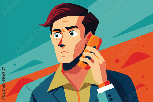 A man with an orange phone listens intently, showcasing a vibrant and modern design, Customizable adult talking cell phone illustration