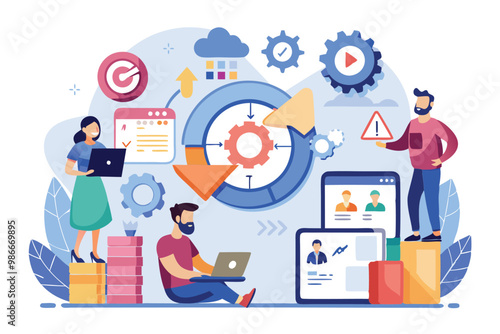 A vibrant agile illustration showing diverse team members engaged in collaborative project management, Customizable Agile Illustration