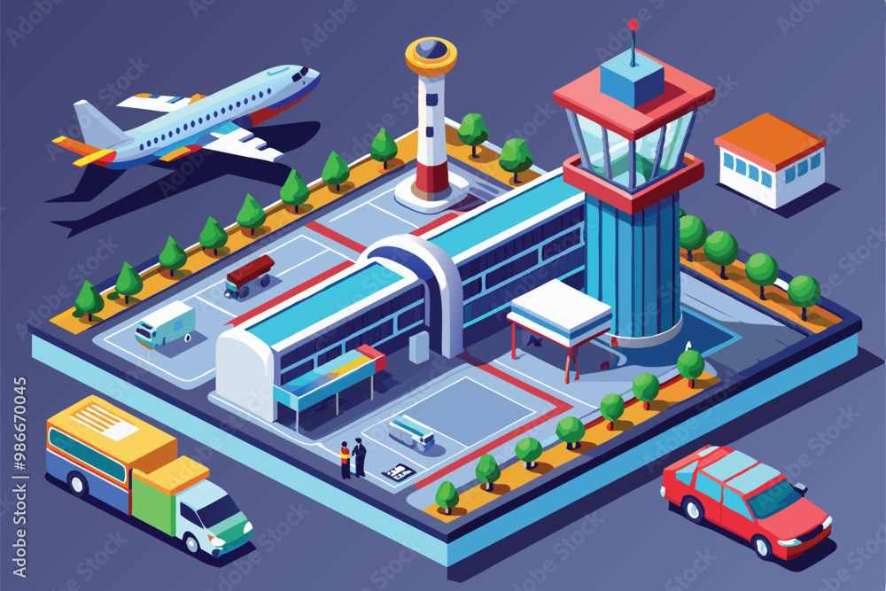 An isometric airport design showcasing a terminal, moving vehicles, and a plane preparing for takeoff, Customizable airport illustration in isometric style. An isometric airport design showcasing a terminal, moving vehicles, and a plane preparing for takeoff, Customizable airport illustration in isometric style.