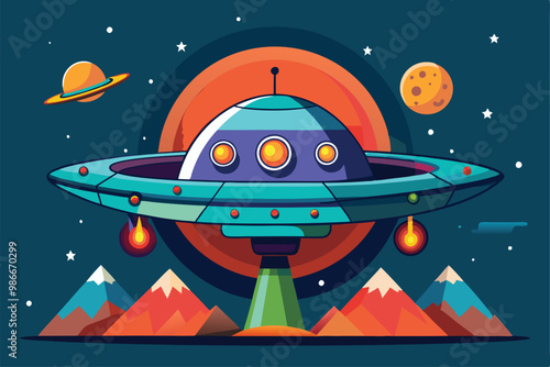 A vibrant alien spaceship hovers over mountains, surrounded by planets and a colorful twilight sky, Customizable alien spaceship illustration.