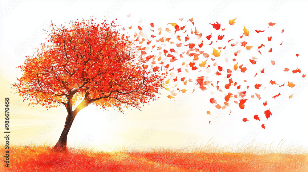 Fototapeta premium Illustrated Red Tree with Wind-Blown Leaves, Bright Autumn Colors, Artistic Landscape