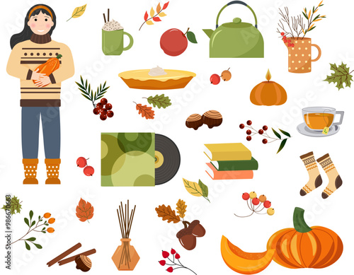 Set of items for a cozy autumn. Girl holding a pumpkin. Books and records, air freshener and candles. Autumn leaves and berries, herbarium, jug and teapot. pumpkin pie and hot drinks. Vector