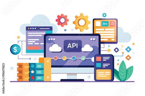A semi-flat illustration showcasing customizable API development featuring various digital elements, Customizable API with Semi Flat Illustration