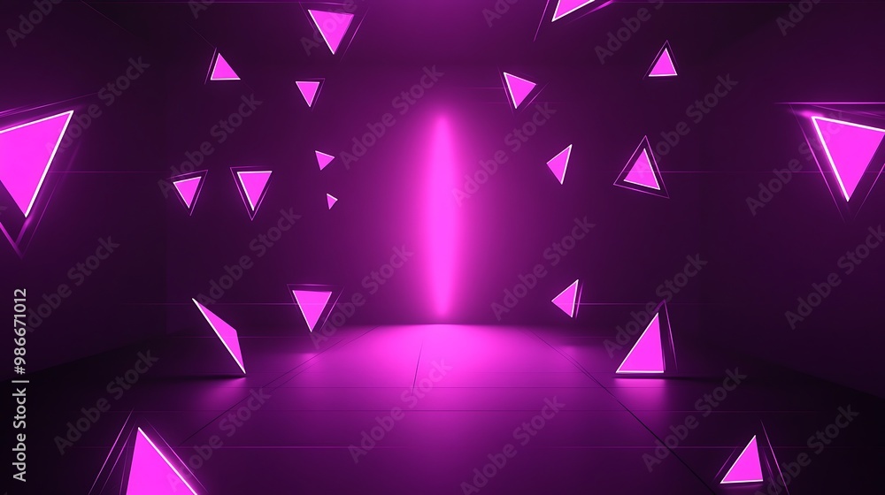 A dark room with a bright pink neon light in the center and pink triangular shapes scattered throughout the room. A dark room with a bright pink neon light in the center and pink triangular shapes scattered throughout the room.