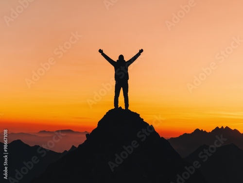 A silhouette of a person standing on a mountain peak with arms raised in victory backlit by a golden sunset The image conveys success achievement and triumph over challenges The background is expansiv