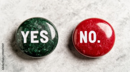 Two large buttons side by side one green with the word YES and one red with the word NO The background is neutral allowing the buttons to be the focus This image represents decisionmaking choices and