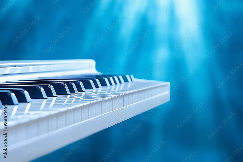 Elegant white piano keys illuminated by soft blue light in a serene atmosphere Elegant white piano keys illuminated by soft blue light in a serene atmosphere