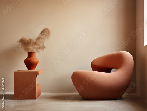 Simple minimalist interior living room with beige walls and abstract assymetric boucle chair in terracotta color.  photo